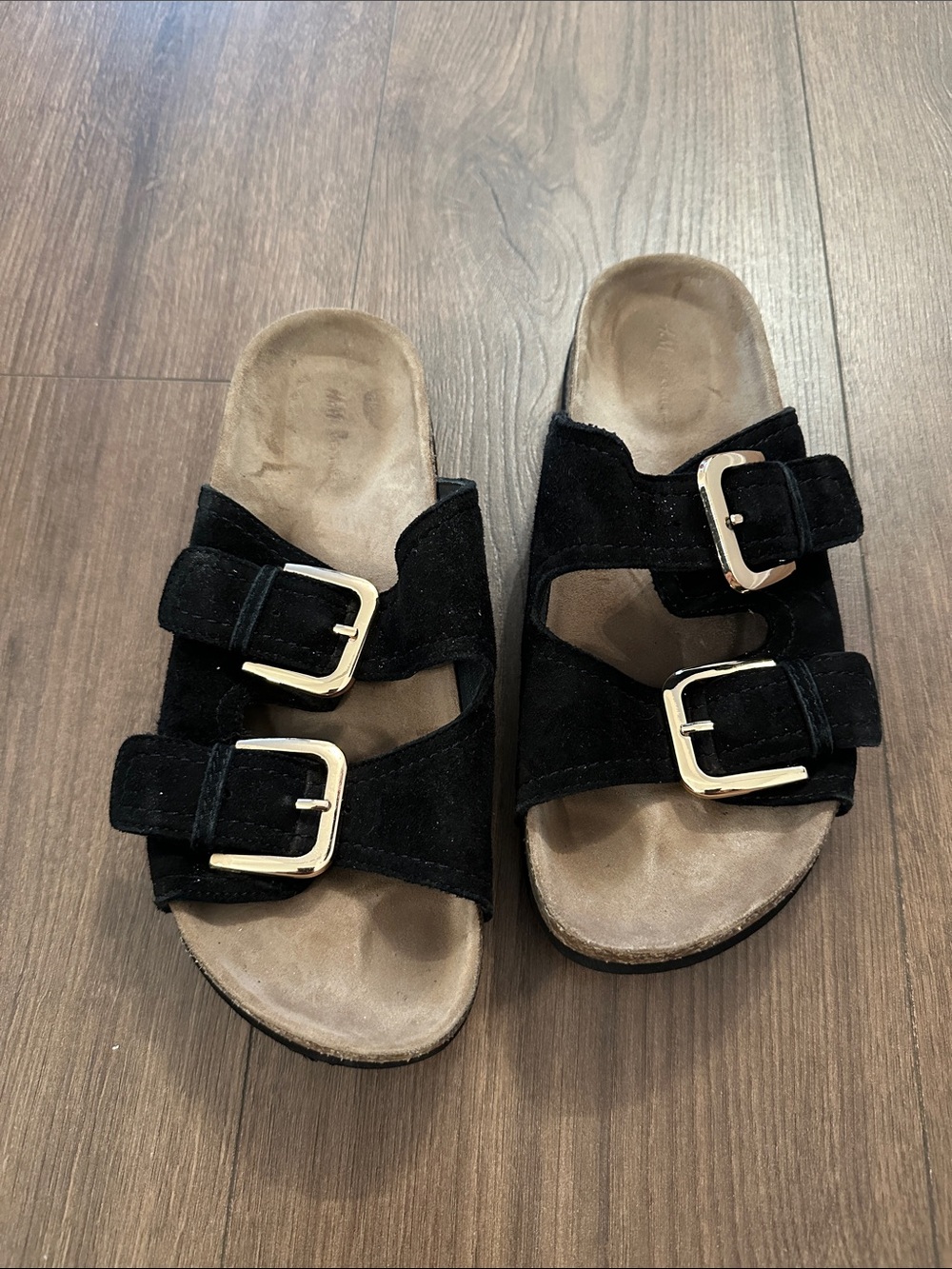 Black Suede Double Buckle Slide Sandals
